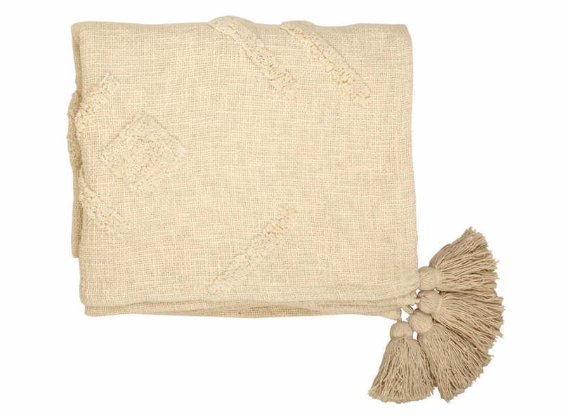 Winter Handmade Boho Throw Blanket, Off White - 50x60